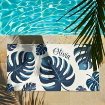 Modernes Monstera Leaf Blue & White Beach Handtuch