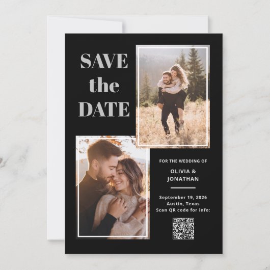 Modernes Multi-Foto Schwarz und Grau | QR-Code Save The Date (Vorderseite)
