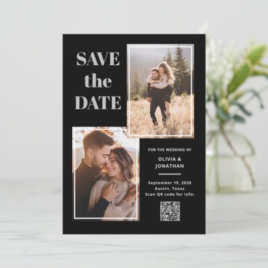 Modernes Multi-Foto Schwarz und Grau | QR-Code Save The Date (Stehend Vorderseite)