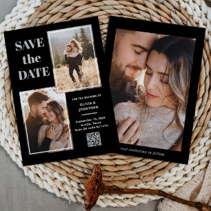 Modernes Multi-Foto Schwarz und Grau QR-Code Save The Date