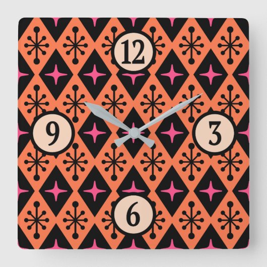 Modernes Muster der Sternexplosion Mitte des Jahrh Quadratische Wanduhr (Vorderseite)