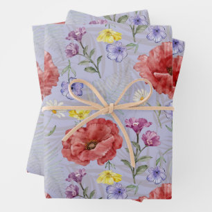 Modernes Muster für Lila und rote Wildblume Geschenkpapier Set