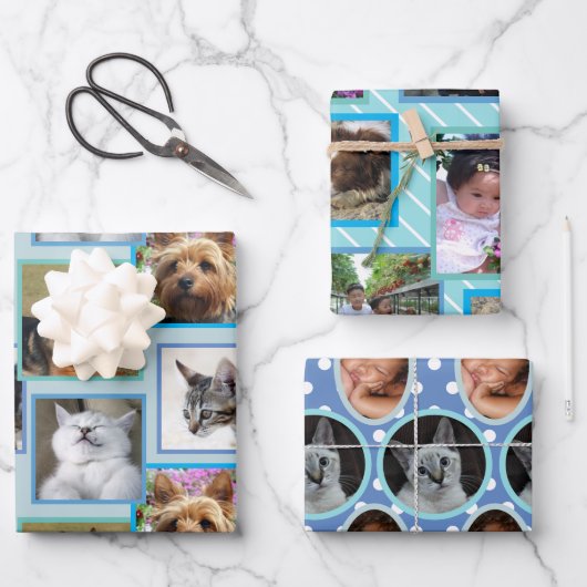 Modernes Muster leuchtet blau jedes Okasion 9 Foto Geschenkpapier Set (Vorderseite)