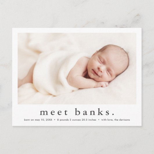 Modernes Name Baby Foto Geburtsankündigung Postkarte (Vorderseite)