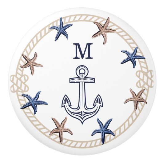 Modernes Nautic Foto Navy Blue White Tan Starfish Keramikknauf (Vorderseite)