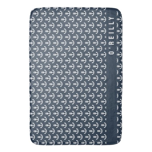 Modernes Nautic Navy Blue and White Anchtern Muste Badematte (Vorderseite Vertikal)
