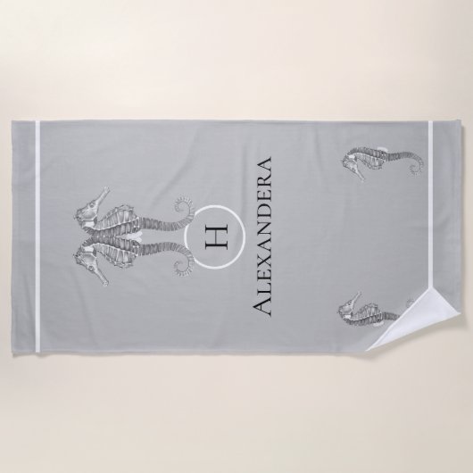 Modernes Nautic Seepferd Marine Grau Strandtuch (Vorderseite)