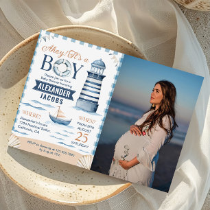 Modernes Nautical Blue Baby Boy Dusche Foto Einladung