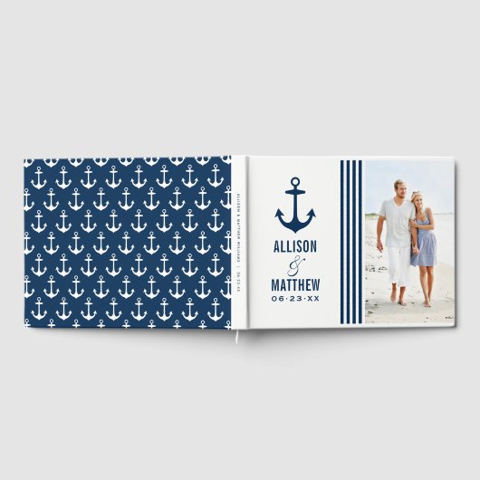 Modernes Nautical Navy Blue and White Wedding Foto Gästebuch (Voll)