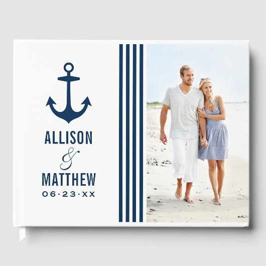 Modernes Nautical Navy Blue and White Wedding Foto Gästebuch (Vorderseite)