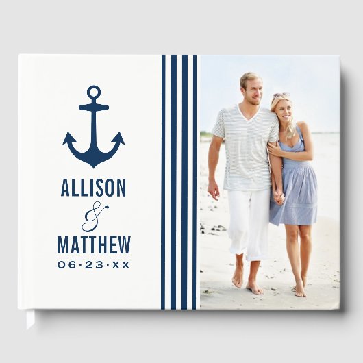 Modernes Nautical Navy Blue and White Wedding Foto Gästebuch (Vorderseite)