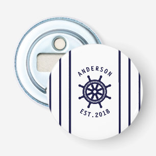 Modernes Nautikrad und Navy Blue Striped Custom Flaschenöffner