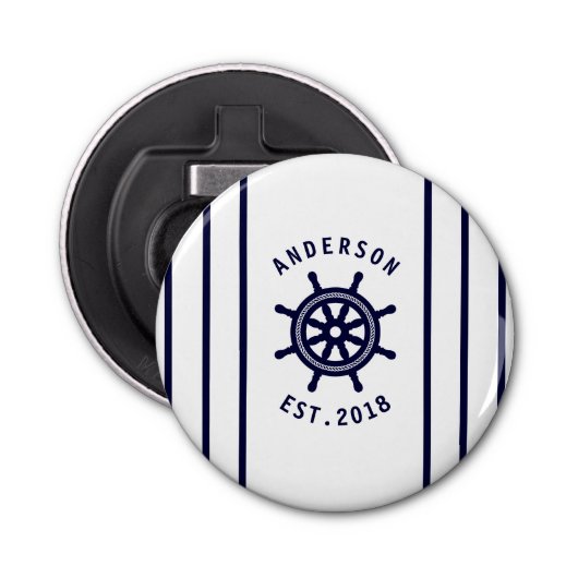 Modernes Nautikrad und Navy Blue Striped Custom Flaschenöffner (Vorderseite)