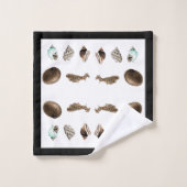 Modernes, nautisches Creme Aquamarine Muschel Schw Badhandtuch Set (Waschlappen)