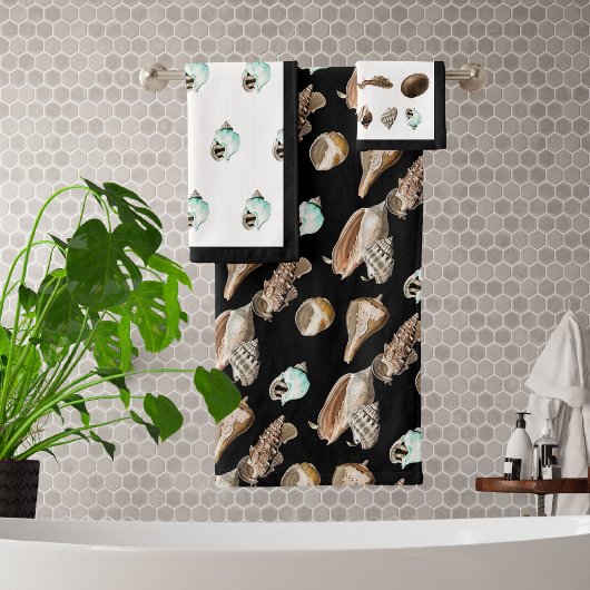 Modernes, nautisches Creme Aquamarine Muschel Schw Badhandtuch Set