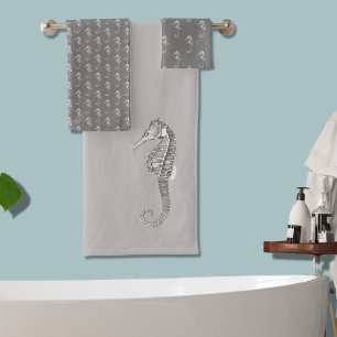 Modernes nautisches Seepferd Badezimmer Marine Gra Badhandtuch Set