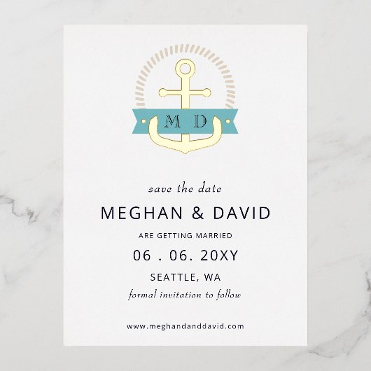 Modernes Navy Anchor Nautical Monogram Save the Da Folie Einladungspostkarte (Vorderseite)