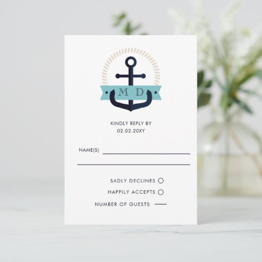 Modernes Navy Anchor Nautical Monogram Wedding RSV RSVP Karte (Stehend Vorderseite)