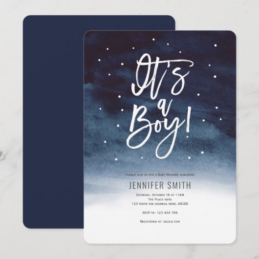 Modernes Navy Blau, Baby Boy Dusche Einladung (Vorne/Hinten)