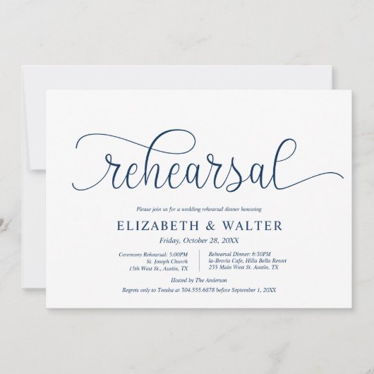 Modernes Navy Blau, Hochzeit und Probe Einladung (Vorderseite)