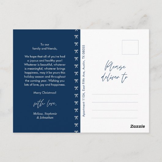 Modernes Navy Blu Bow Pattern Familienjubiläum Fot Postkarte (Rückseite)