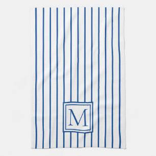 Modernes Navy Blue and White Strip Monogramm Geschirrtuch