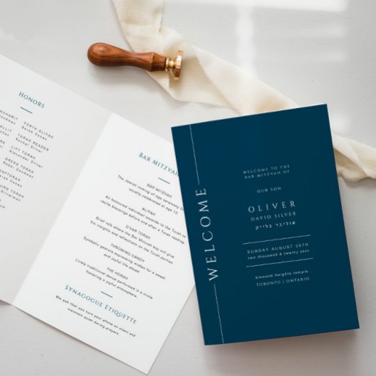 Modernes Navy Blue Bar Mitzvah Booklet geklappt Programm