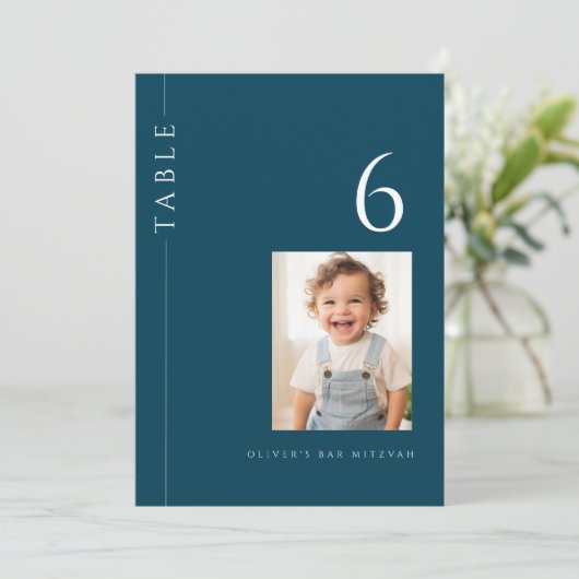 Modernes Navy Blue Bar Mitzvah Tischnummer Foto (Stehend Vorderseite)