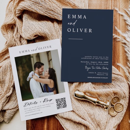 Modernes Navy Blue Boho Wedding Foto QR Code UAWG Einladung
