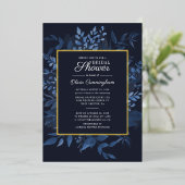 Modernes Navy Blue Botanical Foliage Brautparty Folieneinladung (Stehend vorne)