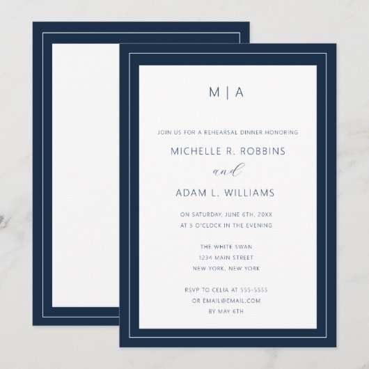 Modernes Navy Blue Chic Probe Dinner Einladung (Vorne/Hinten)
