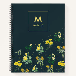 Modernes Navy Blue Floral Muster Monogram Notizblock
