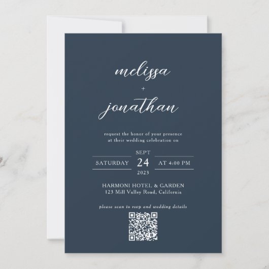 Modernes Navy Blue Foto Script QR Code Hochzeit Einladung (Vorderseite)