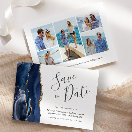 Modernes Navy Blue Gold Agate 5-Foto Save the Date Einladung