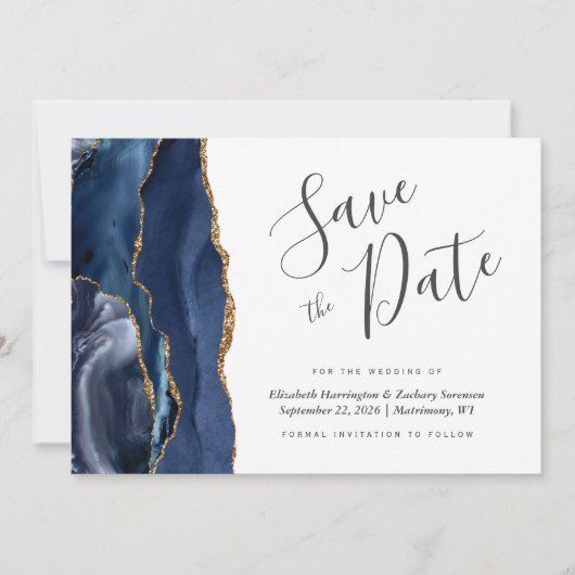 Modernes Navy Blue Gold Agate Foto Save the Date Einladung (Vorderseite)