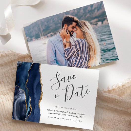 Modernes Navy Blue Gold Agate Foto Save the Date Einladung