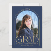 Modernes Navy Blue Gold Arch Foto Grad Party Einladung (Vorderseite)