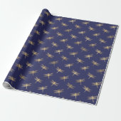 Modernes Navy Blue Gold Dragonfly Muster Geschenkpapier (Ungerollt)