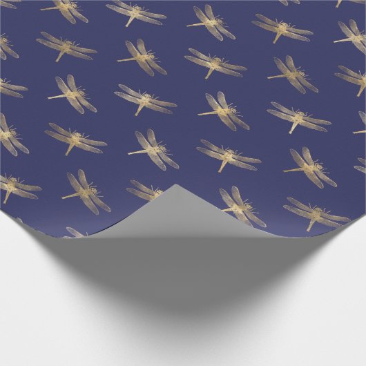 Modernes Navy Blue Gold Dragonfly Muster Geschenkpapier (Ecke)