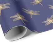 Modernes Navy Blue Gold Dragonfly Muster Geschenkpapier (Rolleneckpunkt)