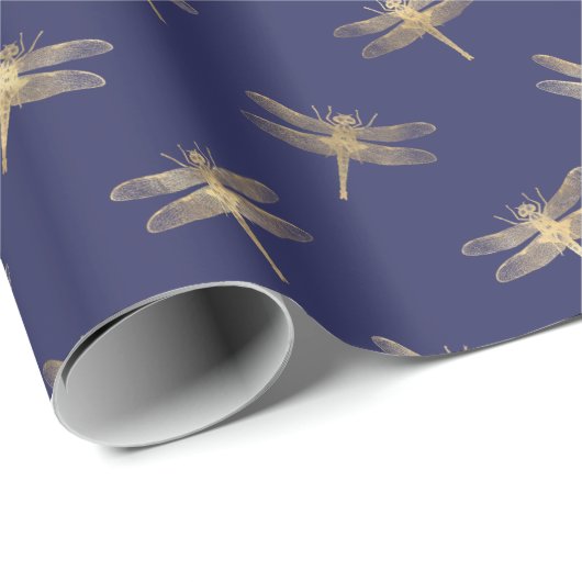 Modernes Navy Blue Gold Dragonfly Muster Geschenkpapier (Rolleneckpunkt)