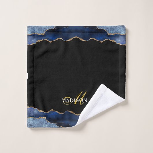 Modernes Navy Blue Gold Glitzer Agate Geode Monogr Badhandtuch Set (Waschlappen)