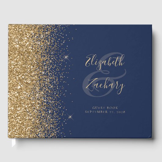 Modernes Navy Blue Gold Glitzer Script Gästebuch (Vorderseite)