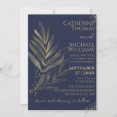 Modernes Navy Blue Gold Leaf Wedding Monogram Einladung (Vorderseite)