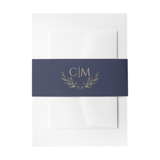 Modernes Navy Blue Gold Leaf Wedding Monogram Einladungsbanderole (Vorderseite Beispiel)