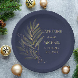 Modernes Navy Blue Gold Leaf Wedding Monogram Pappteller