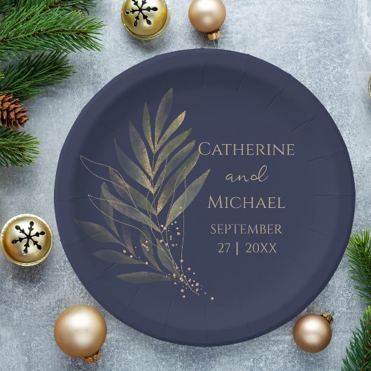 Modernes Navy Blue Gold Leaf Wedding Monogram Pappteller