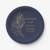 Modernes Navy Blue Gold Leaf Wedding Monogram Pappteller (Vorderseite)