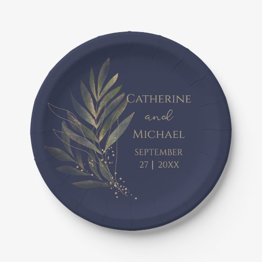 Modernes Navy Blue Gold Leaf Wedding Monogram Pappteller (Vorderseite)