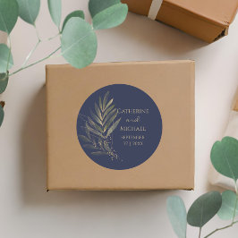 Modernes Navy Blue Gold Leaf Wedding Monogram Runder Aufkleber